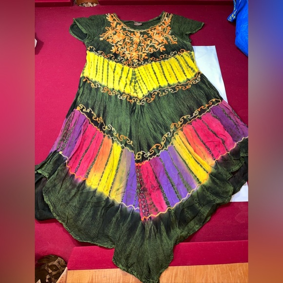 Green FESTIVAL GYPSY Flowy rayon DRESS NF Free Size COLORFUL Embroidered Tribal - Picture 12 of 16